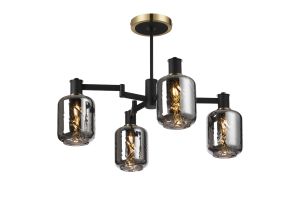 Erdi Swing Arm Semi Ceiling, 4 Light E14, Brass/Satin Black/Smoke Twisted Cylinder Glass
