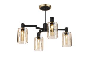 Erdi Swing Arm Semi Ceiling, 4 Light E14, Brass/Satin Black/Amber Uniform Dimple Cylinder Glass