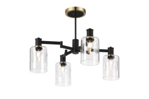 Erdi Swing Arm Semi Ceiling, 4 Light E14, Brass/Satin Black/Clear Uniform Dimple Cylinder Glass