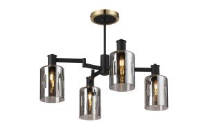 Erdi Swing Arm Semi Ceiling, 4 Light E14, Brass/Satin Black/Smoke Uniform Dimple Cylinder Glass