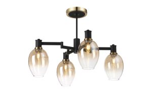 Erdi Swing Arm Semi Ceiling, 4 Light E14, Brass/Satin Black/Amber Fade Wine Glass Glass