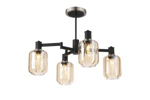 Erdi Swing Arm Semi Ceiling, 4 Light E14, Satin Nickel/Satin Black/Amber Striped Cylinder Glass