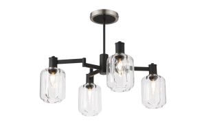 Erdi Swing Arm Semi Ceiling, 4 Light E14, Satin Nickel/Satin Black/Clear Striped Cylinder Glass