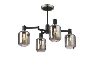Erdi Swing Arm Semi Ceiling, 4 Light E14, Satin Nickel/Satin Black/Smoke Striped Cylinder Glass
