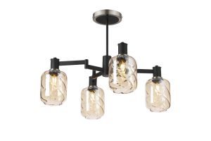Erdi Swing Arm Semi Ceiling, 4 Light E14, Satin Nickel/Satin Black/Amber Twisted Cylinder Glass