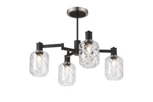 Erdi Swing Arm Semi Ceiling, 4 Light E14, Satin Nickel/Satin Black/Clear Twisted Cylinder Glass
