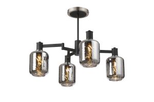 Erdi Swing Arm Semi Ceiling, 4 Light E14, Satin Nickel/Satin Black/Smoke Twisted Cylinder Glass
