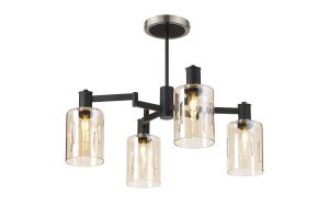 Erdi Swing Arm Semi Ceiling, 4 Light E14, Satin Nickel/Satin Black/Amber Uniform Dimple Cylinder Glass