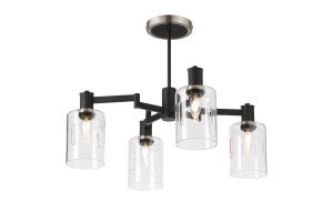 Erdi Swing Arm Semi Ceiling, 4 Light E14, Satin Nickel/Satin Black/Clear Uniform Dimple Cylinder Glass
