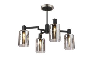Erdi Swing Arm Semi Ceiling, 4 Light E14, Satin Nickel/Satin Black/Smoke Uniform Dimple Cylinder Glass
