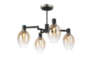 Erdi Swing Arm Semi Ceiling, 4 Light E14, Satin Nickel/Satin Black/Amber Fade Wine Glass Glass