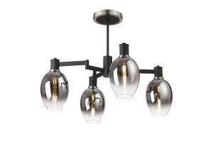 Erdi Swing Arm Semi Ceiling, 4 Light E14, Satin Nickel/Satin Black/Smoke Fade Wine Glass Glass