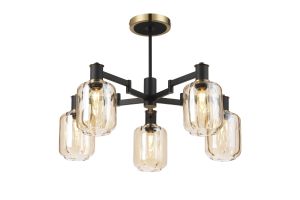 Erdi 69cm Swing Arm Semi Ceiling, 5 Light E14, Brass/Satin Black/Amber Striped Cylinder Glass