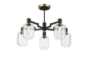 Erdi 69cm Swing Arm Semi Ceiling, 5 Light E14, Brass/Satin Black/Clear Striped Cylinder Glass