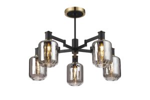 Erdi 69cm Swing Arm Semi Ceiling, 5 Light E14, Brass/Satin Black/Smoke Striped Cylinder Glass