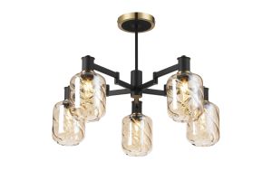 Erdi 69cm Swing Arm Semi Ceiling, 5 Light E14, Brass/Satin Black/Amber Twisted Cylinder Glass