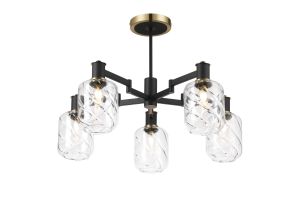 Erdi 69cm Swing Arm Semi Ceiling, 5 Light E14, Brass/Satin Black/Clear Twisted Cylinder Glass