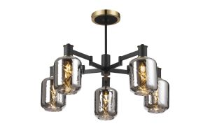 Erdi 69cm Swing Arm Semi Ceiling, 5 Light E14, Brass/Satin Black/Smoke Twisted Cylinder Glass
