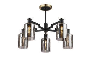 Erdi 68cm Swing Arm Semi Ceiling, 5 Light E14, Brass/Satin Black/Smoke Uniform Dimple Cylinder Glass