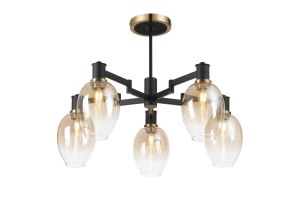 Erdi 70cm Swing Arm Semi Ceiling, 5 Light E14, Brass/Satin Black/Amber Fade Wine Glass Glass