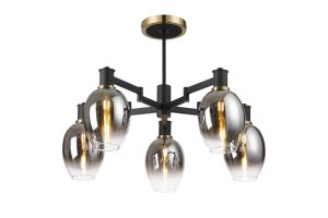 Erdi 70cm Swing Arm Semi Ceiling, 5 Light E14, Brass/Satin Black/Smoke Fade Wine Glass Glass