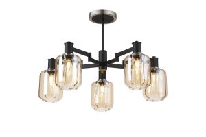 Erdi 69cm Swing Arm Semi Ceiling, 5 Light E14, Satin Nickel/Satin Black/Amber Striped Cylinder Glass