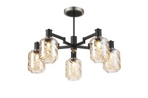 Erdi 69cm Swing Arm Semi Ceiling, 5 Light E14, Satin Nickel/Satin Black/Amber Twisted Cylinder Glass