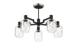 Erdi 69cm Swing Arm Semi Ceiling, 5 Light E14, Satin Nickel/Satin Black/Clear Twisted Cylinder Glass