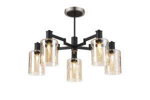 Erdi 68cm Swing Arm Semi Ceiling, 5 Light E14, Satin Nickel/Satin Black/Amber Uniform Dimple Cylinder Glass