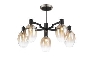 Erdi 70cm Swing Arm Semi Ceiling, 5 Light E14, Satin Nickel/Satin Black/Amber Fade Wine Glass Glass