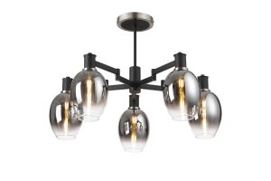 Erdi 70cm Swing Arm Semi Ceiling, 5 Light E14, Satin Nickel/Satin Black/Smoke Fade Wine Glass Glass