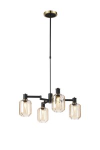 Erdi Swing Arm Telescopic Pendant, 4 Light E14, Brass/Satin Black/Amber Striped Cylinder Glass