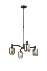 Erdi Swing Arm Telescopic Pendant, 4 Light E14, Brass/Satin Black/Smoke Striped Cylinder Glass
