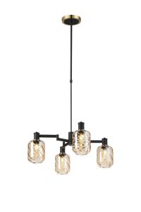 Erdi Swing Arm Telescopic Pendant, 4 Light E14, Brass/Satin Black/Amber Twisted Cylinder Glass