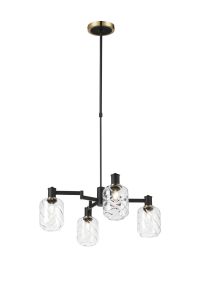 Erdi Swing Arm Telescopic Pendant, 4 Light E14, Brass/Satin Black/Clear Twisted Cylinder Glass