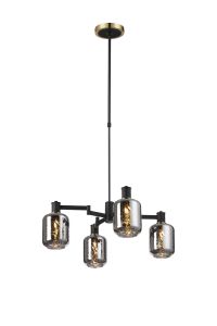 Erdi Swing Arm Telescopic Pendant, 4 Light E14, Brass/Satin Black/Smoke Twisted Cylinder Glass