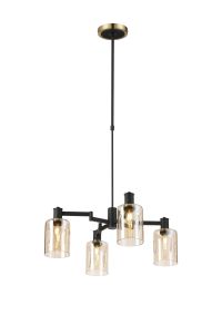 Erdi Swing Arm Telescopic Pendant, 4 Light E14, Brass/Satin Black/Amber Uniform Dimple Cylinder Glass