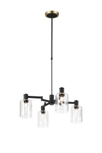 Erdi Swing Arm Telescopic Pendant, 4 Light E14, Brass/Satin Black/Clear Uniform Dimple Cylinder Glass