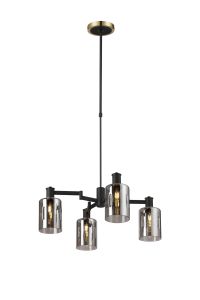 Erdi Swing Arm Telescopic Pendant, 4 Light E14, Brass/Satin Black/Smoke Uniform Dimple Cylinder Glass