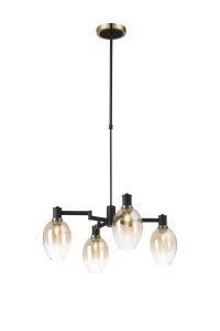 Erdi Swing Arm Telescopic Pendant, 4 Light E14, Brass/Satin Black/Amber Fade Wine Glass Glass