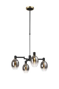 Erdi Swing Arm Telescopic Pendant, 4 Light E14, Brass/Satin Black/Smoke Fade Wine Glass Glass