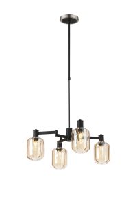 Erdi Swing Arm Telescopic Pendant, 4 Light E14, Satin Nickel/Satin Black/Amber Striped Cylinder Glass