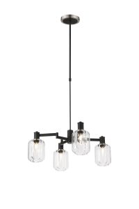 Erdi Swing Arm Telescopic Pendant, 4 Light E14, Satin Nickel/Satin Black/Clear Striped Cylinder Glass