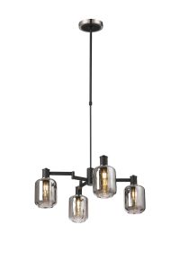 Erdi Swing Arm Telescopic Pendant, 4 Light E14, Satin Nickel/Satin Black/Smoke Striped Cylinder Glass