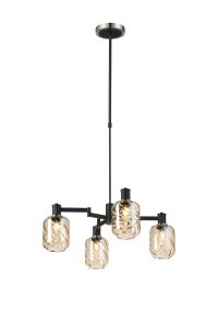 Erdi Swing Arm Telescopic Pendant, 4 Light E14, Satin Nickel/Satin Black/Amber Twisted Cylinder Glass