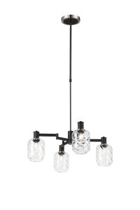 Erdi Swing Arm Telescopic Pendant, 4 Light E14, Satin Nickel/Satin Black/Clear Twisted Cylinder Glass