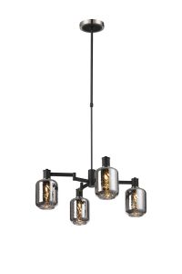 Erdi Swing Arm Telescopic Pendant, 4 Light E14, Satin Nickel/Satin Black/Smoke Twisted Cylinder Glass