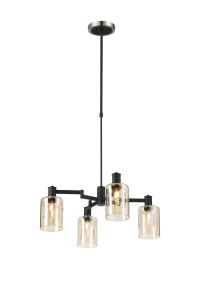Erdi Swing Arm Telescopic Pendant, 4 Light E14, Satin Nickel/Satin Black/Amber Uniform Dimple Cylinder Glass