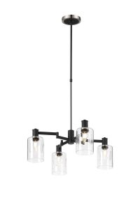 Erdi Swing Arm Telescopic Pendant, 4 Light E14, Satin Nickel/Satin Black/Clear Uniform Dimple Cylinder Glass