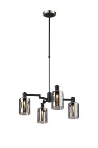 Erdi Swing Arm Telescopic Pendant, 4 Light E14, Satin Nickel/Satin Black/Smoke Uniform Dimple Cylinder Glass